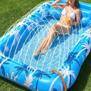 Inflatable Tanning Pool Lounger Float with Sprinkler, X-Large Pool Floats with Auto Spray Cooling, 6 in 1 Sunbathing Lounge Floatie Raft Toys, Blow Up Pool Tanning Bed for Adults Kids Gifts
