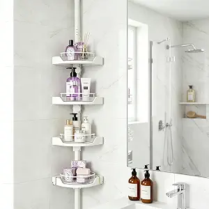 360° Rotating Tension Pole Caddy – 4-Tier Corner Shower Organizer, Height Adjustable 33"–124", Space-Saving for Bathroom, Kitchen Counter, Cabinet Gaps & Bathtub (white)