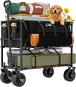 Double Decker Folding Wagon Cart, 240L, Holds 400 lbs | Converts 2-tier to single layer, 360° swivel all-terrain wheels, folds flat to 6.3 in, for beach, camping, sports, garden