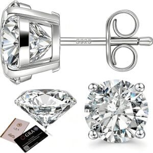 Moissanite Earrings Studs for Women and Men, 925 Sterling Silver | 0.6ct-4ct, 18K White Gold Plated Sterling Silver Hypoallergenic Stud Earrings, Diamond Studs Alternatives for Sensitive Ear