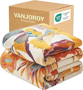 VANJOROY Boho Throw Blanket 100% Organic Cotton 60x80 for Bed Couch, Floral | Cozy Ultra soft, Breathable, Skin-friendly Lightweight,Butterfly Farmhouse Design,Summer Beige Quilt Chair Throw for Gifts