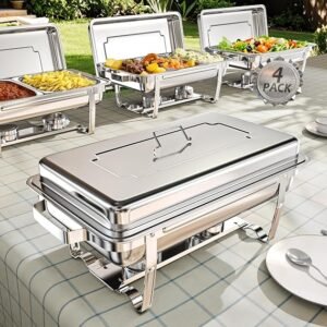 sifer 9Qt Chafing Dishes for Buffet, Multi-Size Food Pans, 4 Pack, Silver | Screwless installation, Foldable & Stackable, Sturdy Frame, Stainless Steel, For Weddings, Parties & Catering Events